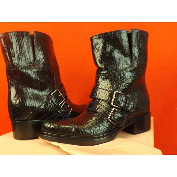 NEW MIU MIU PRADA BLACK CRACKED LEATHER MOTO BIKER 2X BELTED SHORT BOOTS 37 $895 - Picture 6 of 12
